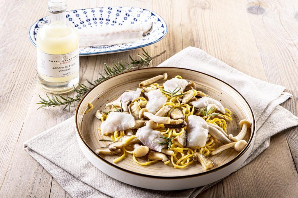 Sea Bass sashimi, mushrooms and pasta Belberry